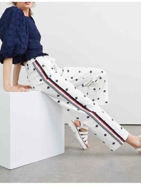 Maeve from Anth White Wide-Leg Pants with Navy 🐝 Embroidery and Red-Trim Stripe